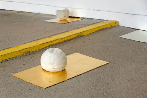 errantry (the benefit of being offsides), 2019, Cement and metal leaf on linoleum tiles